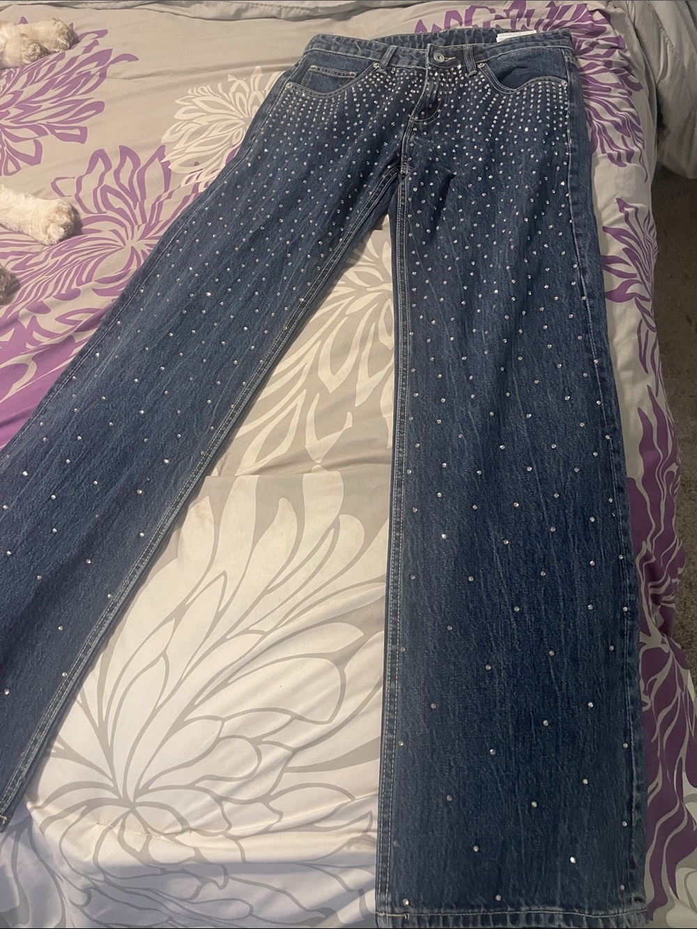 Zara Dark Blue Wide-Leg Jeans with Rhinestone Embellishments low waist